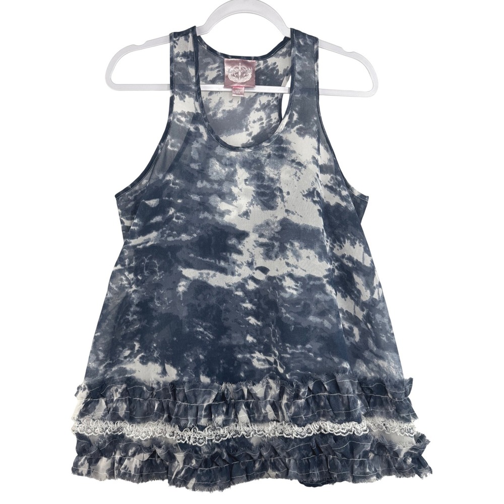 Romeo & Juliet Couture Blue Tie Dye Racerback Tank Top Ruffle Lace Hem Womens M